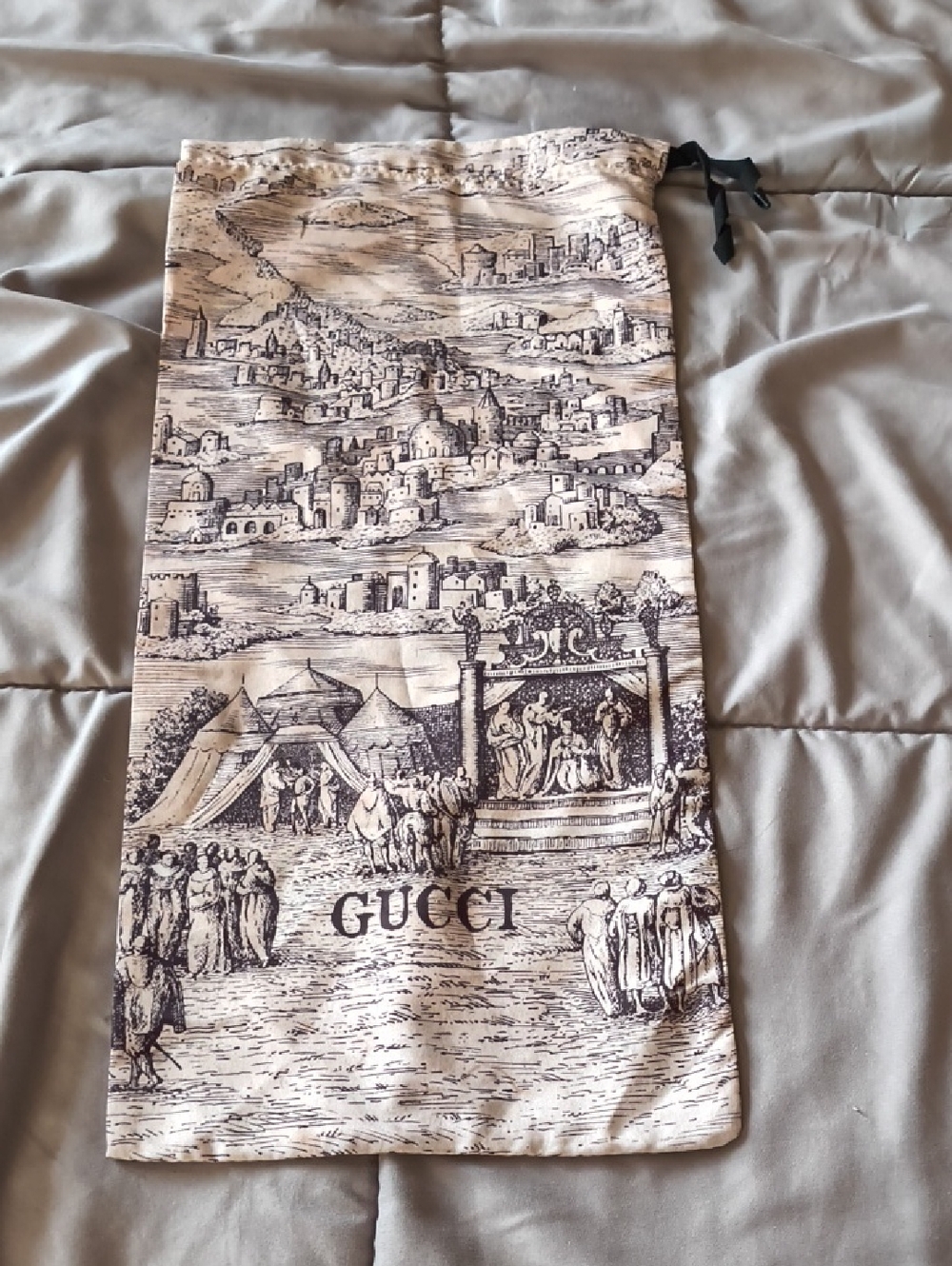 Gucci Black White Scenic Satin Long Drawstring Bag